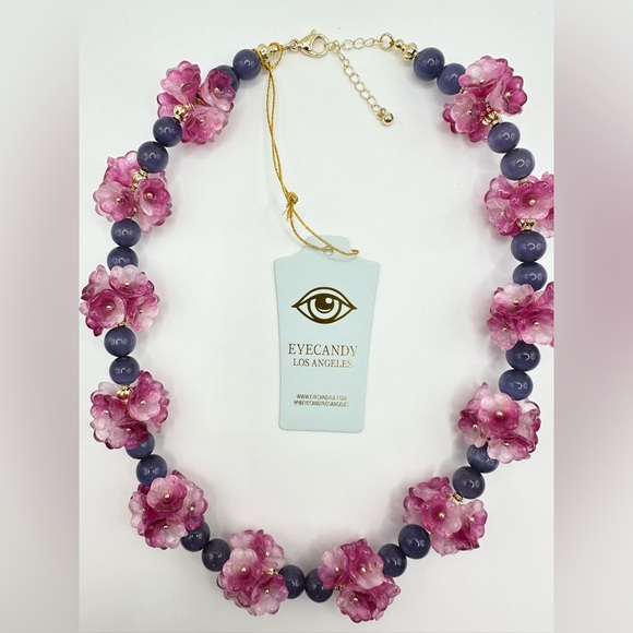 NWT Eye Candy Pink and Purple Floral Statement Necklace - Picture 3 of 4